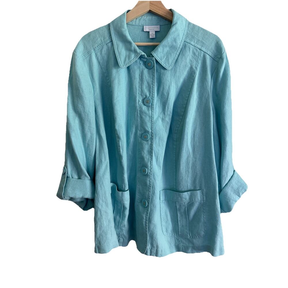 Charter Club Womens 2XL Blue Button Up Top 100% Linen Lightweight Spring Summer